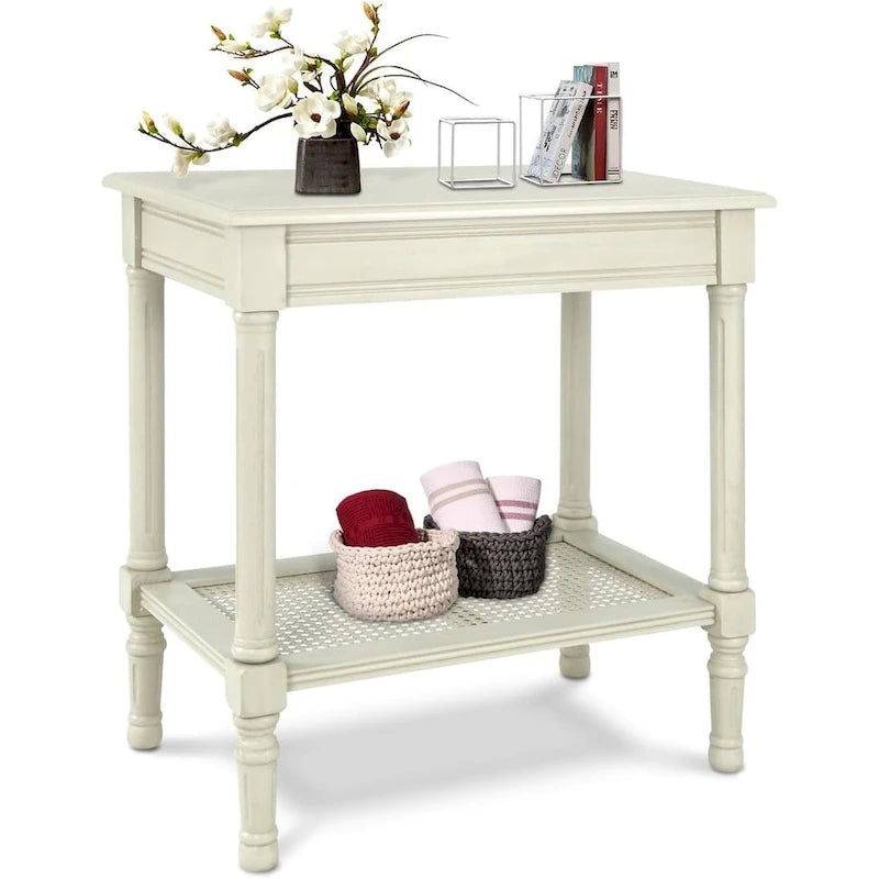 Teal / Black / Cream / Cherry / Vintage Grey / Winter Melody Wood Side Table with Rattan Shelf, 1-Person