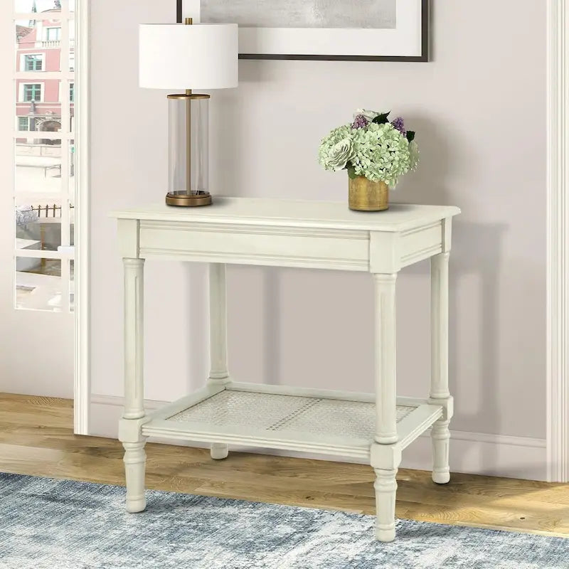 Teal / Black / Cream / Cherry / Vintage Grey / Winter Melody Wood Side Table with Rattan Shelf, 1-Person