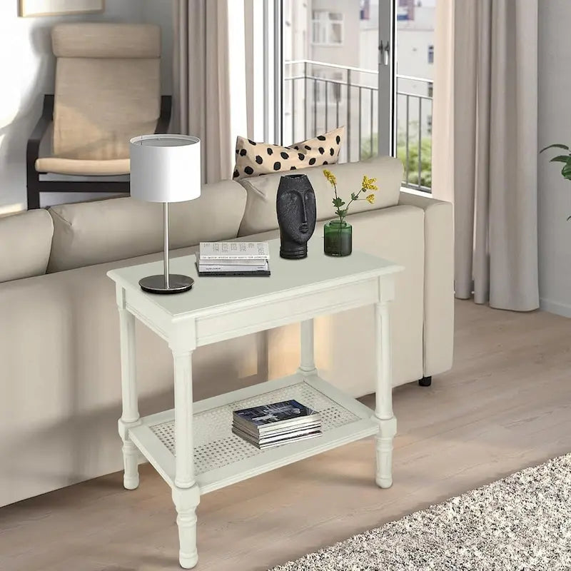 Teal / Black / Cream / Cherry / Vintage Grey / Winter Melody Wood Side Table with Rattan Shelf, 1-Person