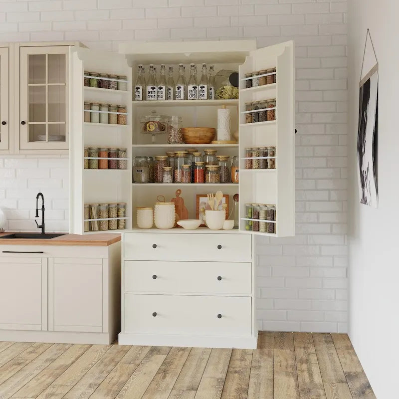 White / Cream Freestanding Kitchen Pantry Cabinet, Single, 3 Adjustable Shelves & 3 Drawers