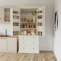 White / Cream Freestanding Kitchen Pantry Cabinet, Single, 3 Adjustable Shelves & 3 Drawers