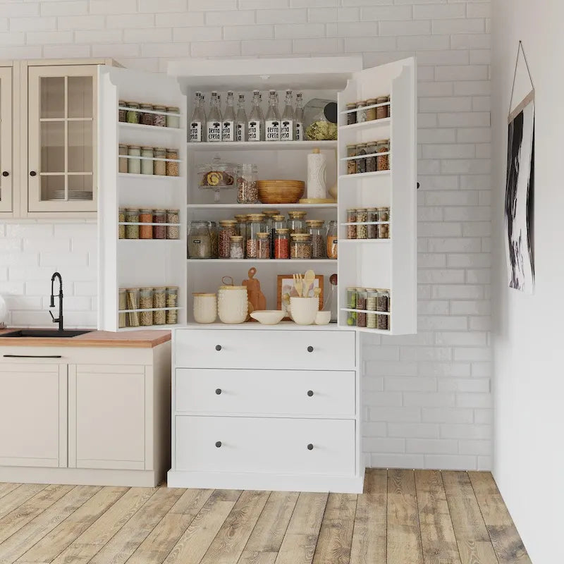 White / Cream Freestanding Kitchen Pantry Cabinet, Single, 3 Adjustable Shelves & 3 Drawers
