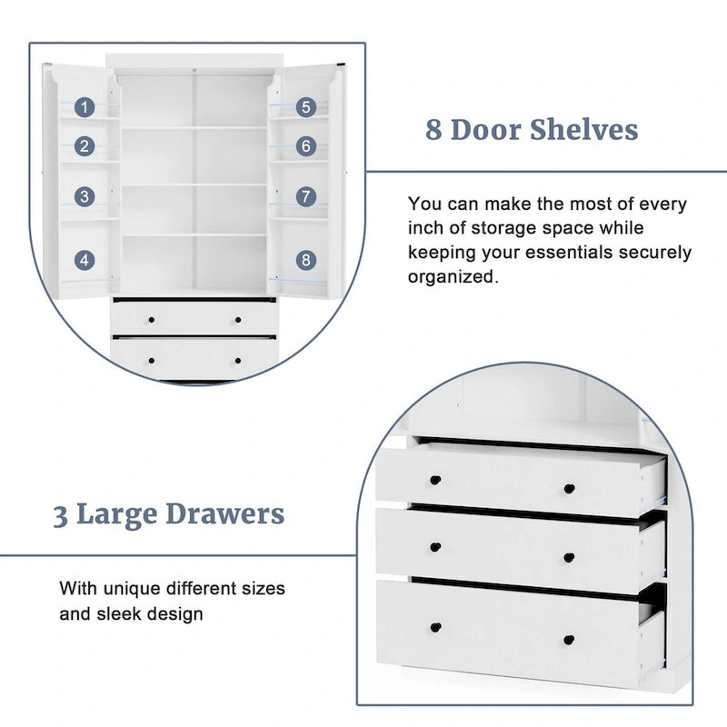 White / Cream Freestanding Kitchen Pantry Cabinet, Single, 3 Adjustable Shelves & 3 Drawers