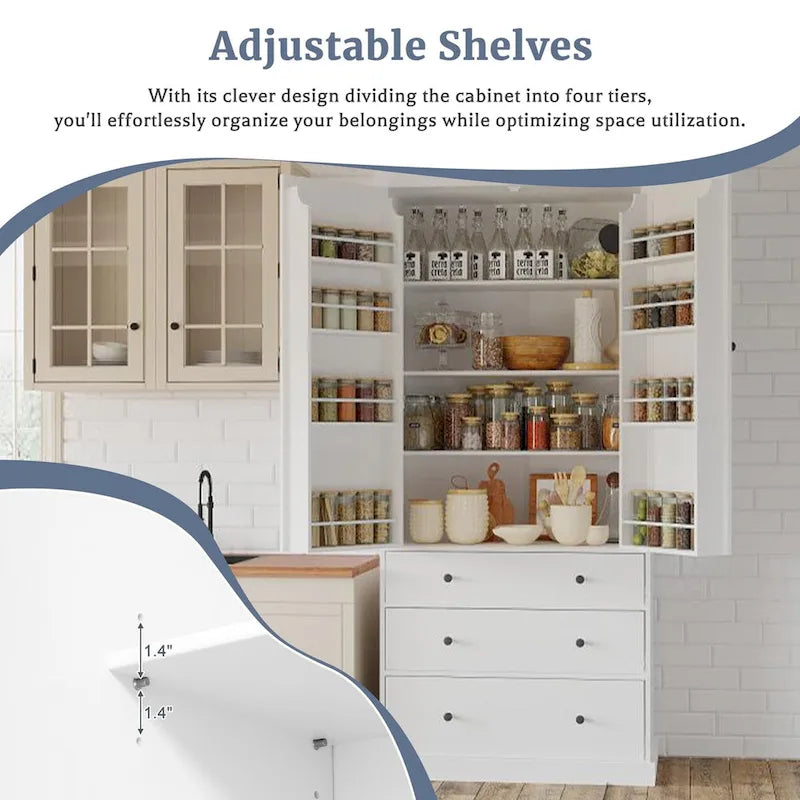 White / Cream Freestanding Kitchen Pantry Cabinet, Single, 3 Adjustable Shelves & 3 Drawers