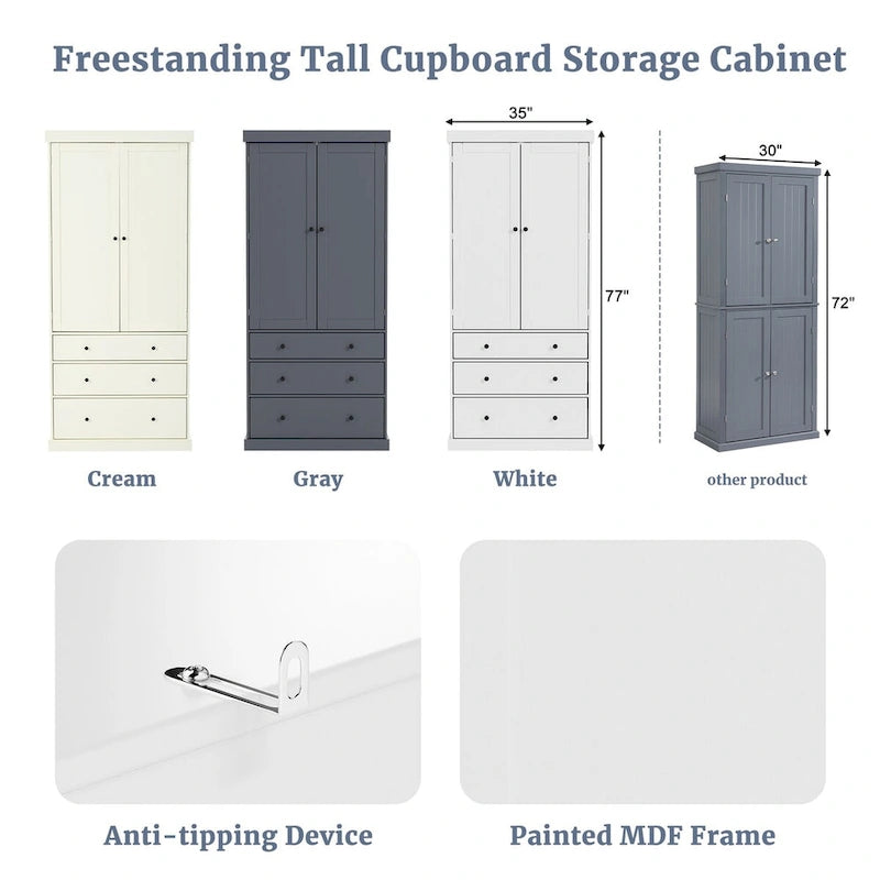 White / Cream Freestanding Kitchen Pantry Cabinet, Single, 3 Adjustable Shelves & 3 Drawers