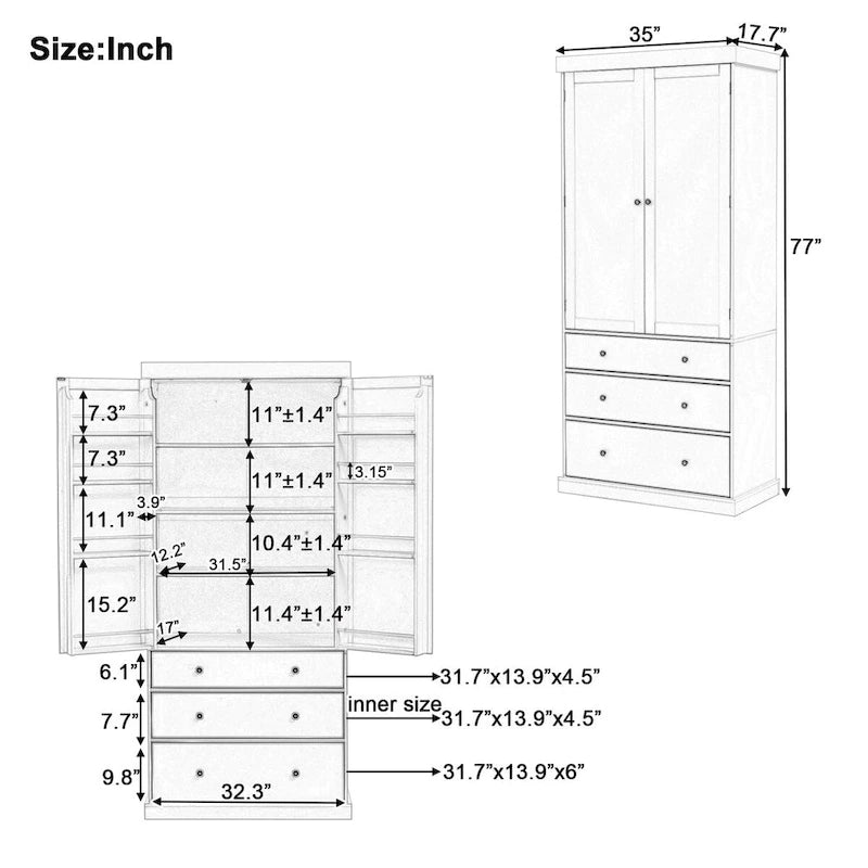 White / Cream Freestanding Kitchen Pantry Cabinet, Single, 3 Adjustable Shelves & 3 Drawers