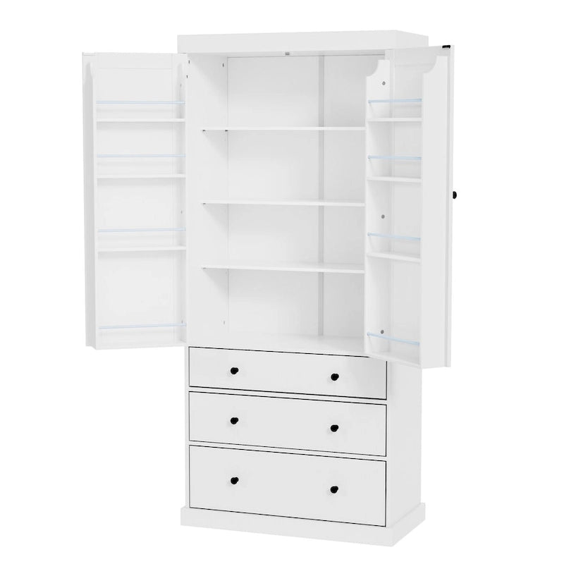 White / Cream Freestanding Kitchen Pantry Cabinet, Single, 3 Adjustable Shelves & 3 Drawers