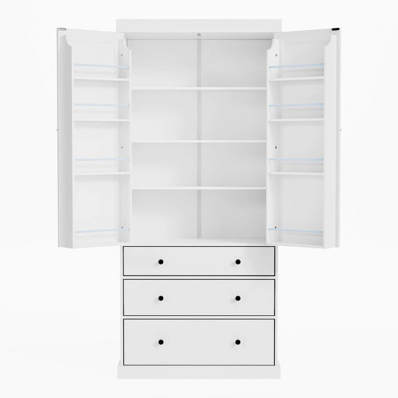 White / Cream Freestanding Kitchen Pantry Cabinet, Single, 3 Adjustable Shelves & 3 Drawers