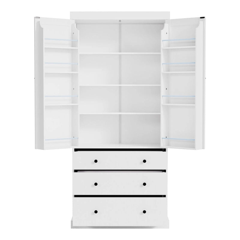 White / Cream Freestanding Kitchen Pantry Cabinet, Single, 3 Adjustable Shelves & 3 Drawers
