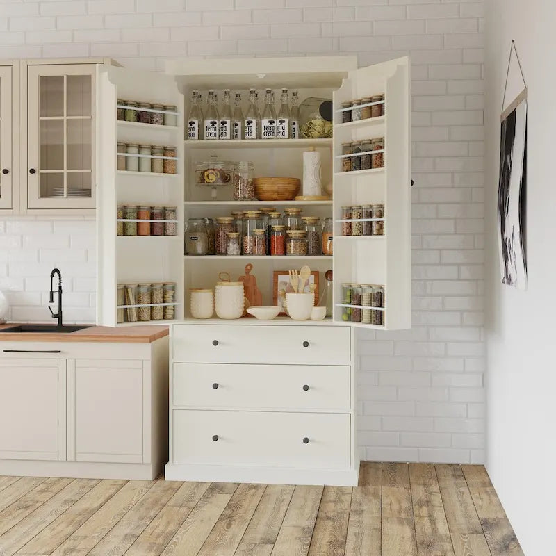 White / Cream Freestanding Kitchen Pantry Cabinet, Single, 3 Adjustable Shelves & 3 Drawers