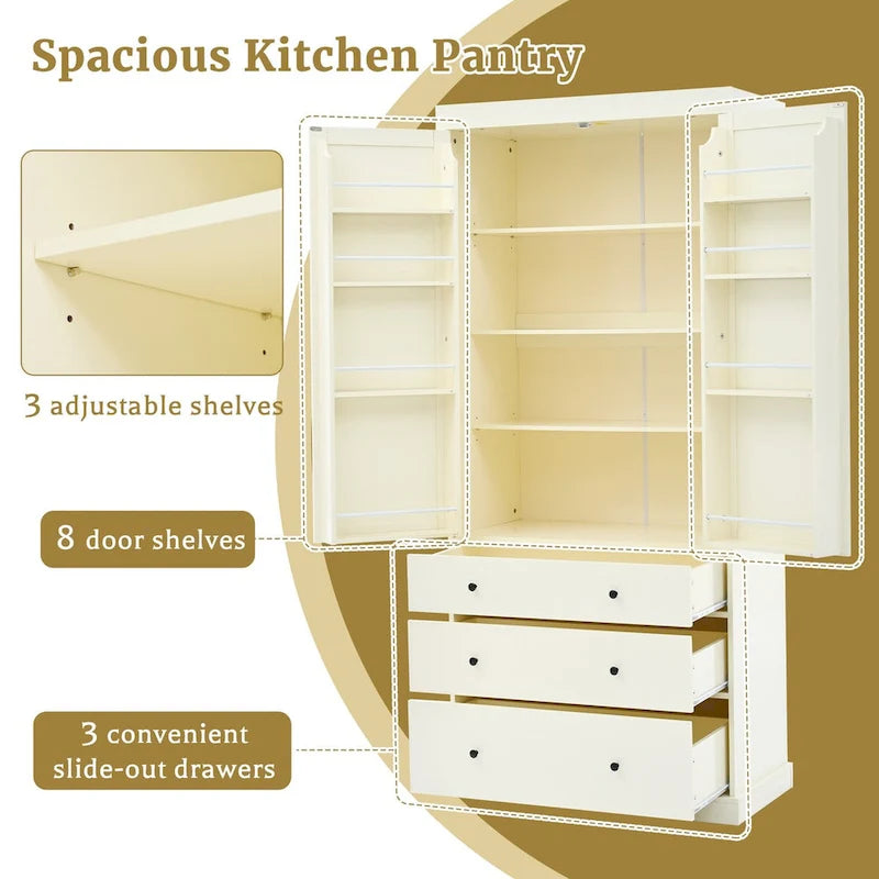 White / Cream Freestanding Kitchen Pantry Cabinet, Single, 3 Adjustable Shelves & 3 Drawers