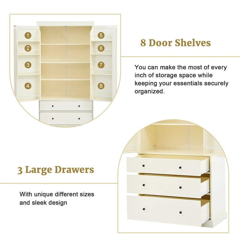 White / Cream Freestanding Kitchen Pantry Cabinet, Single, 3 Adjustable Shelves & 3 Drawers