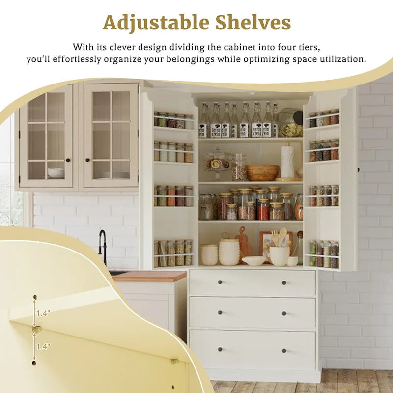 White / Cream Freestanding Kitchen Pantry Cabinet, Single, 3 Adjustable Shelves & 3 Drawers
