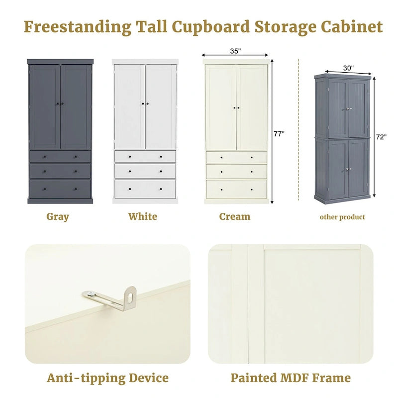White / Cream Freestanding Kitchen Pantry Cabinet, Single, 3 Adjustable Shelves & 3 Drawers