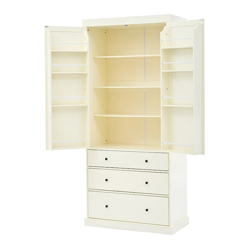 White / Cream Freestanding Kitchen Pantry Cabinet, Single, 3 Adjustable Shelves & 3 Drawers