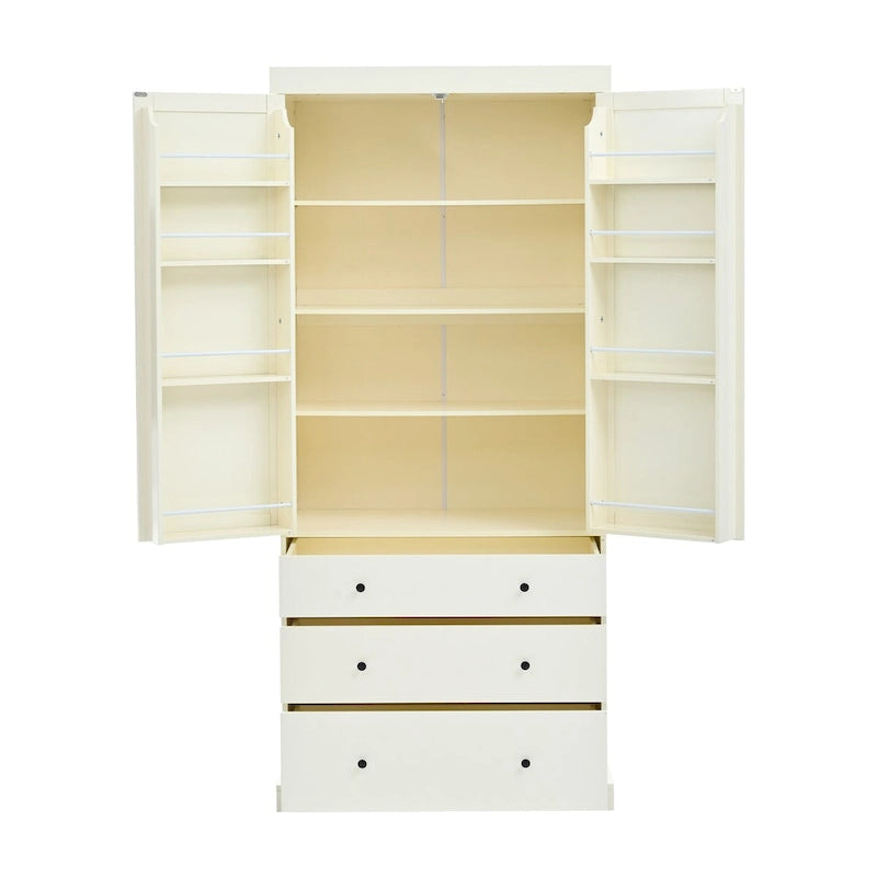 White / Cream Freestanding Kitchen Pantry Cabinet, Single, 3 Adjustable Shelves & 3 Drawers