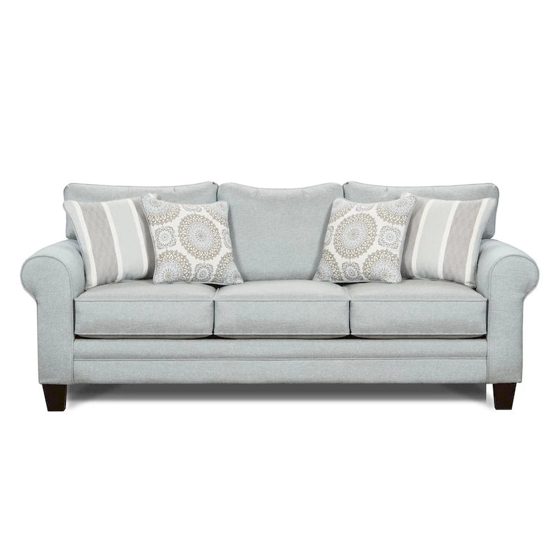 Light Blue/Grey Round Arm Sofa, Seats 3