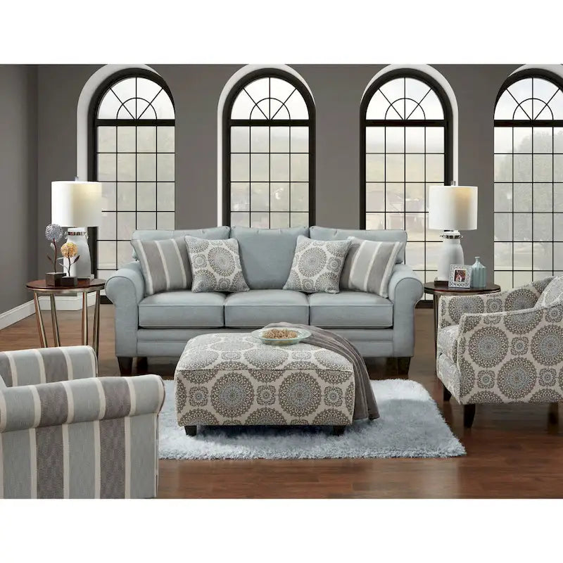 Light Blue/Grey Round Arm Sofa, Seats 3