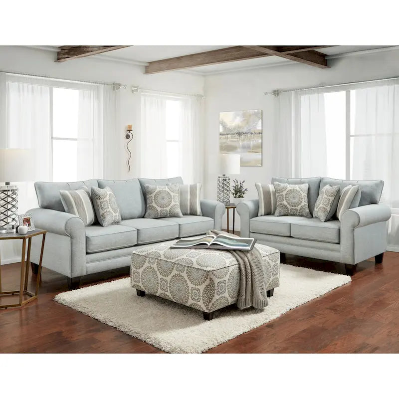 Light Blue/Grey Round Arm Sofa, Seats 3