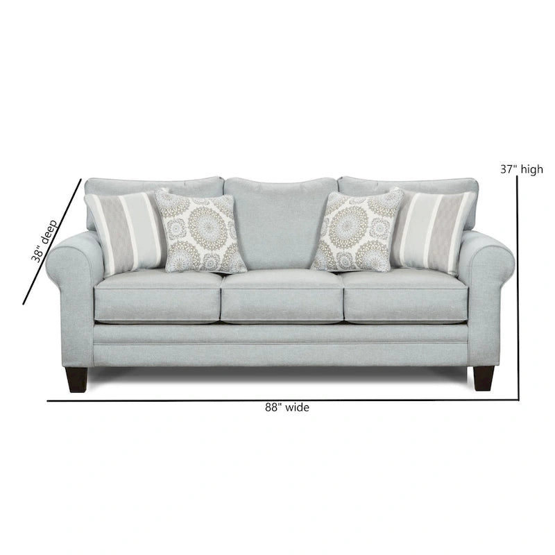 Light Blue/Grey Round Arm Sofa, Seats 3