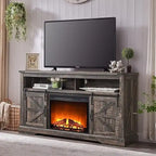 Fireplace TV Stand with Sliding Barn Doors – Dark Rustic Oak / Antique White / Light Rustic Oak / Antique Brushed White / Reclaimed Barnwood, Fits TVs up to 70"