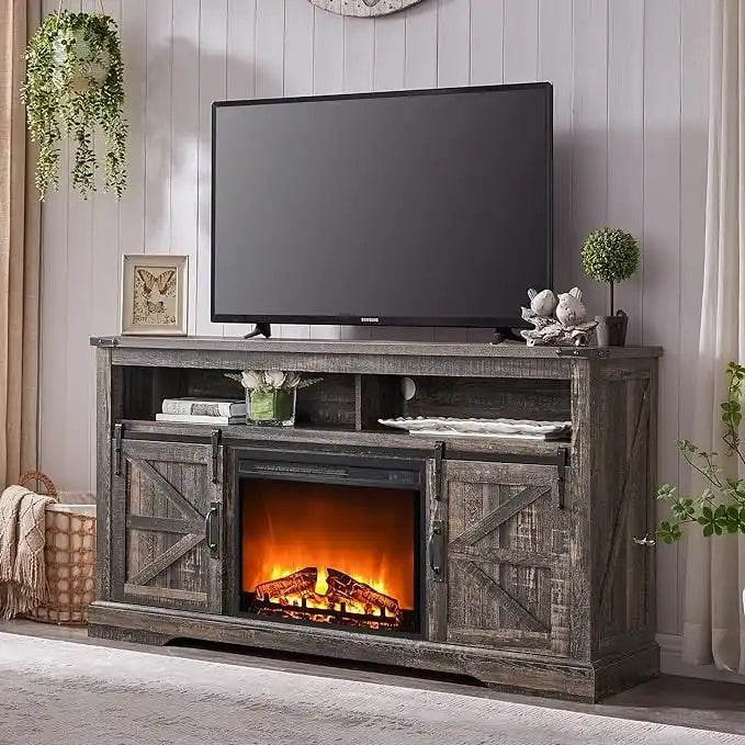 Fireplace TV Stand with Sliding Barn Doors – Dark Rustic Oak / Antique White / Light Rustic Oak / Antique Brushed White / Reclaimed Barnwood, Fits TVs up to 70"