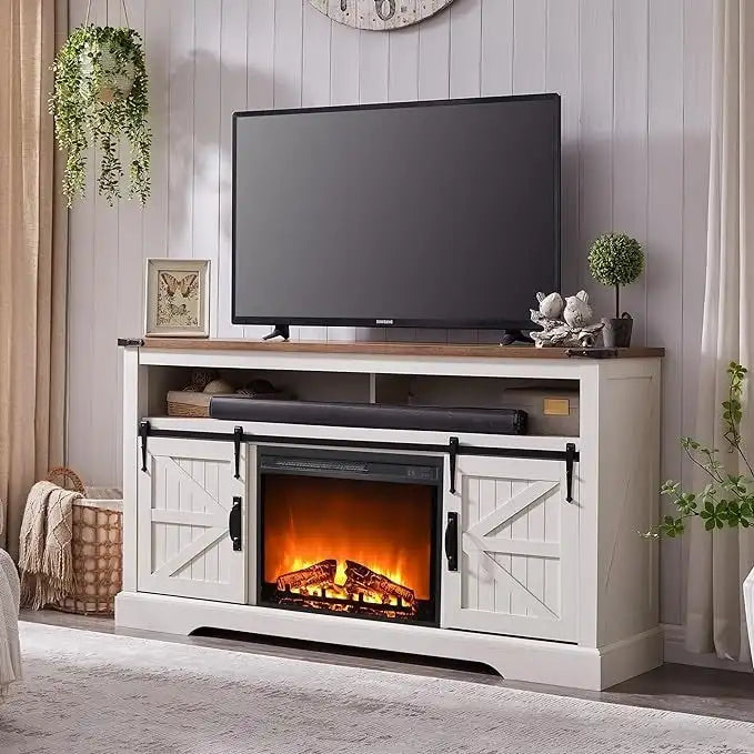 Fireplace TV Stand with Sliding Barn Doors – Dark Rustic Oak / Antique White / Light Rustic Oak / Antique Brushed White / Reclaimed Barnwood, Fits TVs up to 70"