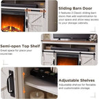 Fireplace TV Stand with Sliding Barn Doors – Dark Rustic Oak / Antique White / Light Rustic Oak / Antique Brushed White / Reclaimed Barnwood, Fits TVs up to 70"