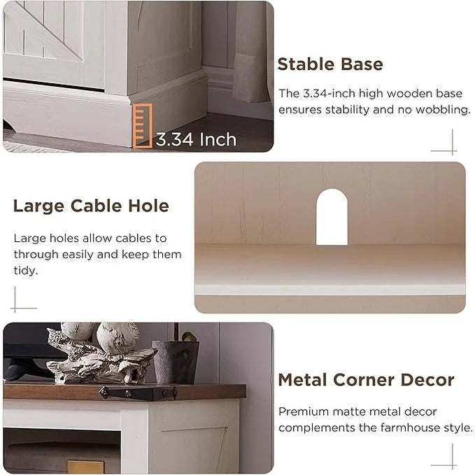 Fireplace TV Stand with Sliding Barn Doors – Dark Rustic Oak / Antique White / Light Rustic Oak / Antique Brushed White / Reclaimed Barnwood, Fits TVs up to 70"