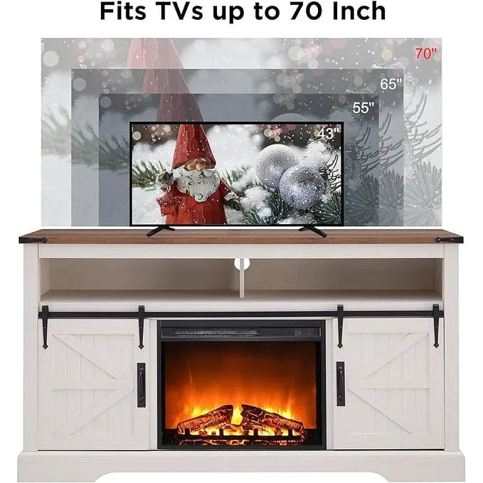 Fireplace TV Stand with Sliding Barn Doors – Dark Rustic Oak / Antique White / Light Rustic Oak / Antique Brushed White / Reclaimed Barnwood, Fits TVs up to 70"