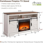 Fireplace TV Stand with Sliding Barn Doors – Dark Rustic Oak / Antique White / Light Rustic Oak / Antique Brushed White / Reclaimed Barnwood, Fits TVs up to 70"