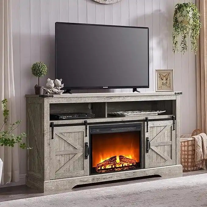 Fireplace TV Stand with Sliding Barn Doors – Dark Rustic Oak / Antique White / Light Rustic Oak / Antique Brushed White / Reclaimed Barnwood, Fits TVs up to 70"