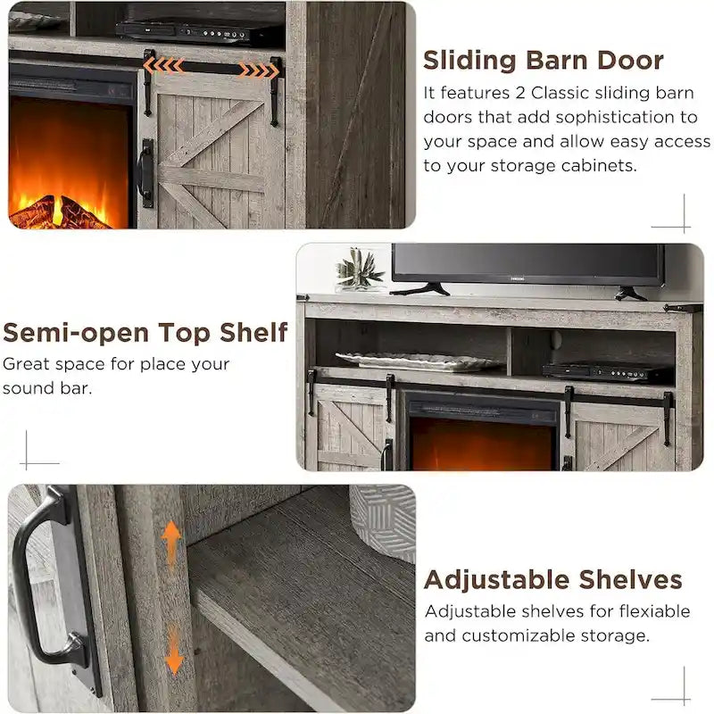 Fireplace TV Stand with Sliding Barn Doors – Dark Rustic Oak / Antique White / Light Rustic Oak / Antique Brushed White / Reclaimed Barnwood, Fits TVs up to 70"