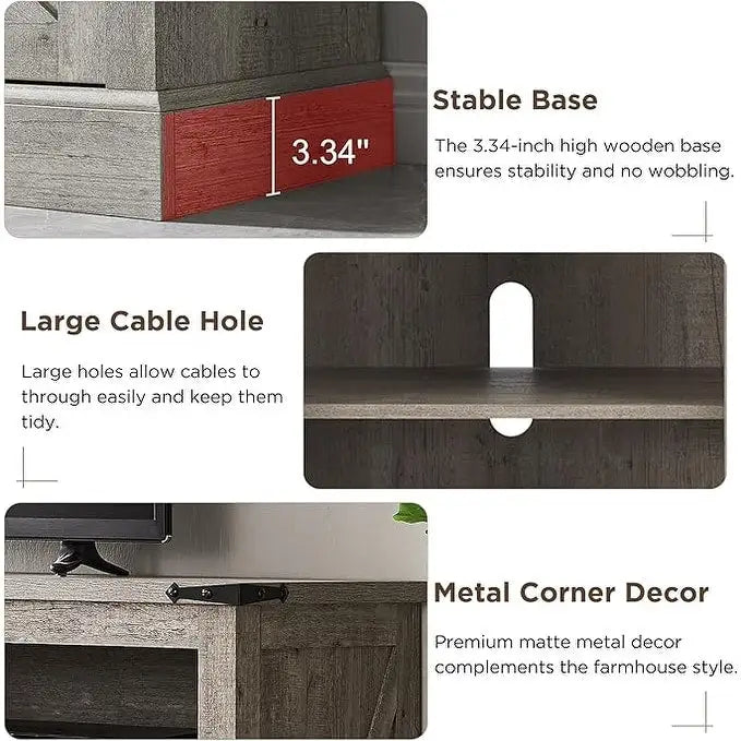 Fireplace TV Stand with Sliding Barn Doors – Dark Rustic Oak / Antique White / Light Rustic Oak / Antique Brushed White / Reclaimed Barnwood, Fits TVs up to 70"