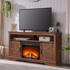 Fireplace TV Stand with Sliding Barn Doors – Dark Rustic Oak / Antique White / Light Rustic Oak / Antique Brushed White / Reclaimed Barnwood, Fits TVs up to 70"