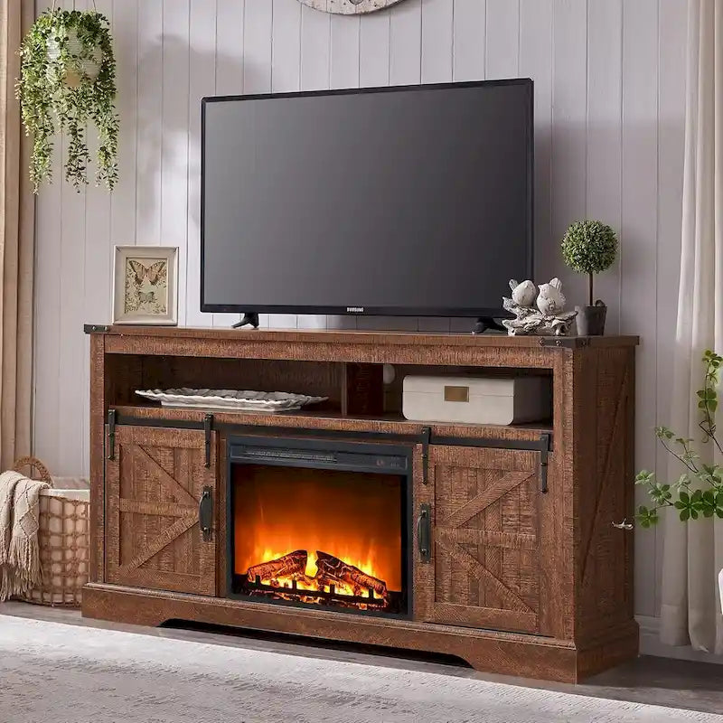 Fireplace TV Stand with Sliding Barn Doors – Dark Rustic Oak / Antique White / Light Rustic Oak / Antique Brushed White / Reclaimed Barnwood, Fits TVs up to 70"