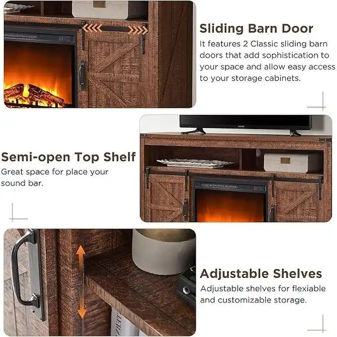 Fireplace TV Stand with Sliding Barn Doors – Dark Rustic Oak / Antique White / Light Rustic Oak / Antique Brushed White / Reclaimed Barnwood, Fits TVs up to 70"