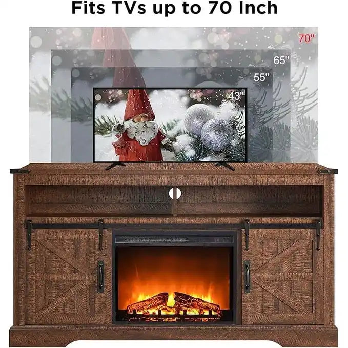 Fireplace TV Stand with Sliding Barn Doors – Dark Rustic Oak / Antique White / Light Rustic Oak / Antique Brushed White / Reclaimed Barnwood, Fits TVs up to 70"