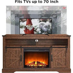Fireplace TV Stand with Sliding Barn Doors – Dark Rustic Oak / Antique White / Light Rustic Oak / Antique Brushed White / Reclaimed Barnwood, Fits TVs up to 70"