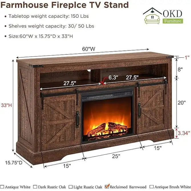 Fireplace TV Stand with Sliding Barn Doors – Dark Rustic Oak / Antique White / Light Rustic Oak / Antique Brushed White / Reclaimed Barnwood, Fits TVs up to 70"