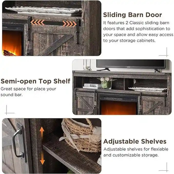 Fireplace TV Stand with Sliding Barn Doors – Dark Rustic Oak / Antique White / Light Rustic Oak / Antique Brushed White / Reclaimed Barnwood, Fits TVs up to 70"