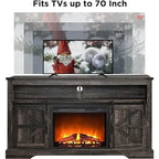Fireplace TV Stand with Sliding Barn Doors – Dark Rustic Oak / Antique White / Light Rustic Oak / Antique Brushed White / Reclaimed Barnwood, Fits TVs up to 70"
