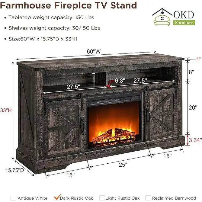 Fireplace TV Stand with Sliding Barn Doors – Dark Rustic Oak / Antique White / Light Rustic Oak / Antique Brushed White / Reclaimed Barnwood, Fits TVs up to 70"