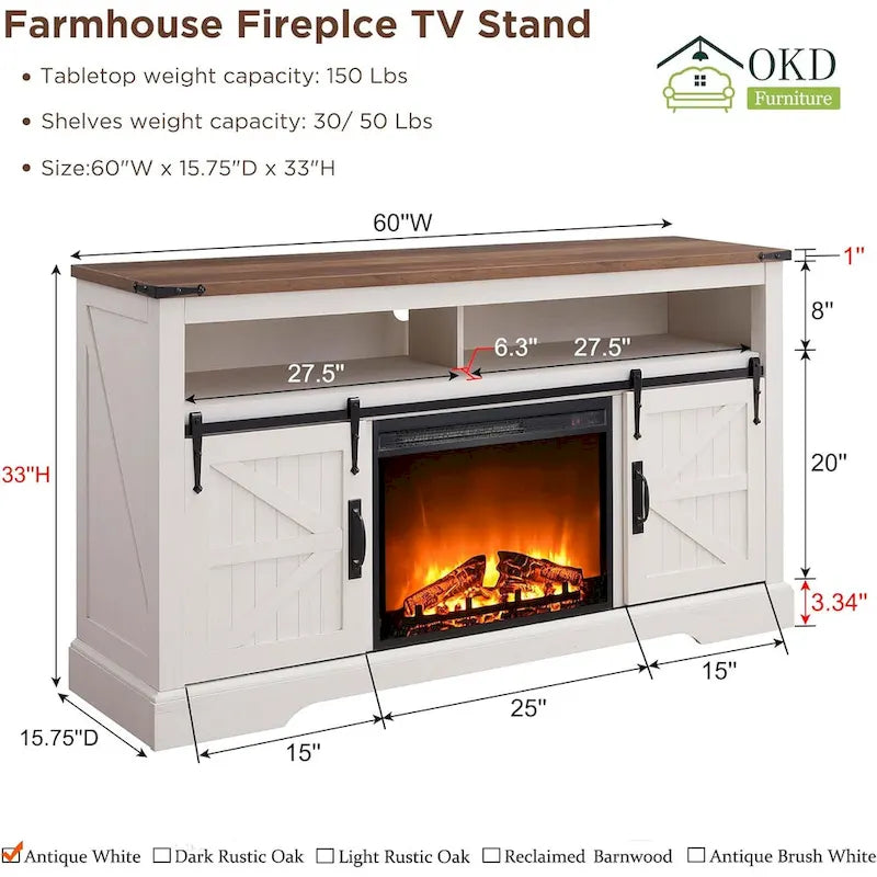 Fireplace TV Stand with Sliding Barn Doors – Dark Rustic Oak / Antique White / Light Rustic Oak / Antique Brushed White / Reclaimed Barnwood, Fits TVs up to 70"