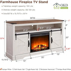 Fireplace TV Stand with Sliding Barn Doors – Dark Rustic Oak / Antique White / Light Rustic Oak / Antique Brushed White / Reclaimed Barnwood, Fits TVs up to 70"