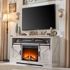 Fireplace TV Stand with Sliding Barn Doors – Dark Rustic Oak / Antique White / Light Rustic Oak / Antique Brushed White / Reclaimed Barnwood, Fits TVs up to 70"