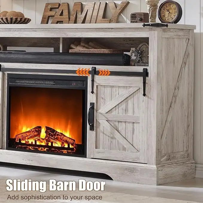 Fireplace TV Stand with Sliding Barn Doors – Dark Rustic Oak / Antique White / Light Rustic Oak / Antique Brushed White / Reclaimed Barnwood, Fits TVs up to 70"