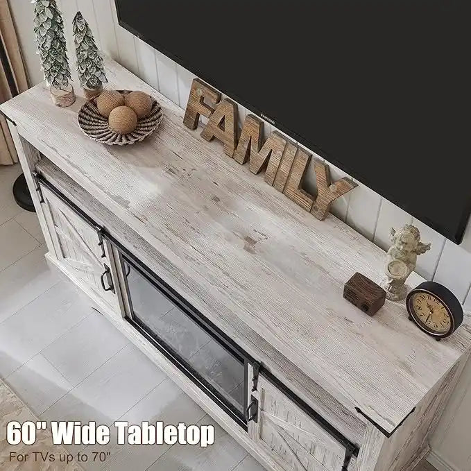 Fireplace TV Stand with Sliding Barn Doors – Dark Rustic Oak / Antique White / Light Rustic Oak / Antique Brushed White / Reclaimed Barnwood, Fits TVs up to 70"