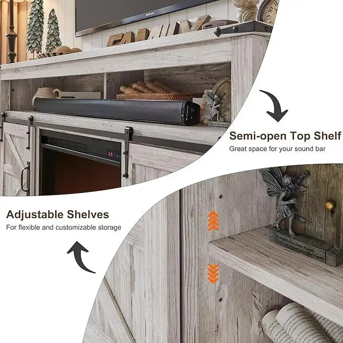Fireplace TV Stand with Sliding Barn Doors – Dark Rustic Oak / Antique White / Light Rustic Oak / Antique Brushed White / Reclaimed Barnwood, Fits TVs up to 70"