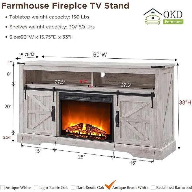 Fireplace TV Stand with Sliding Barn Doors – Dark Rustic Oak / Antique White / Light Rustic Oak / Antique Brushed White / Reclaimed Barnwood, Fits TVs up to 70"